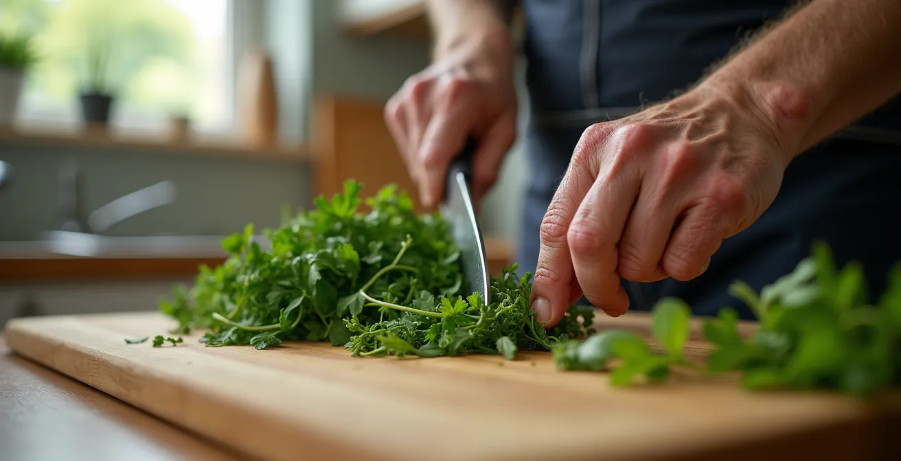 Gros plan sur les mains d'une personne âgée préparant un repas dans une cuisine moderne