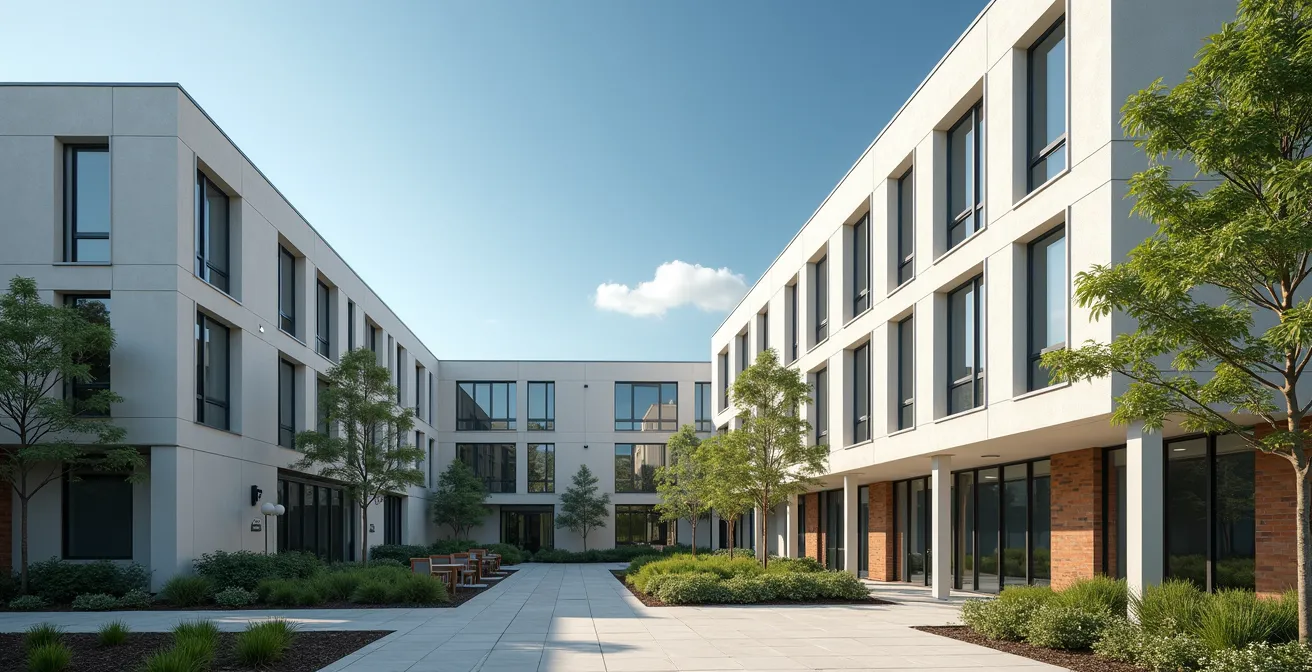 Vue large d'une résidence senior moderne avec espaces verts et architecture contemporaine