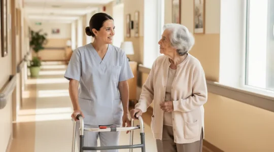 Aide-soignante accompagnant une résidente âgée dans un couloir lumineux d'EHPAD