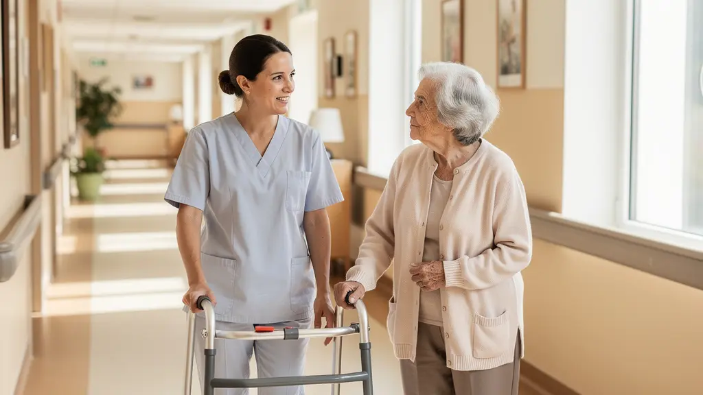 Aide-soignante accompagnant une résidente âgée dans un couloir lumineux d'EHPAD