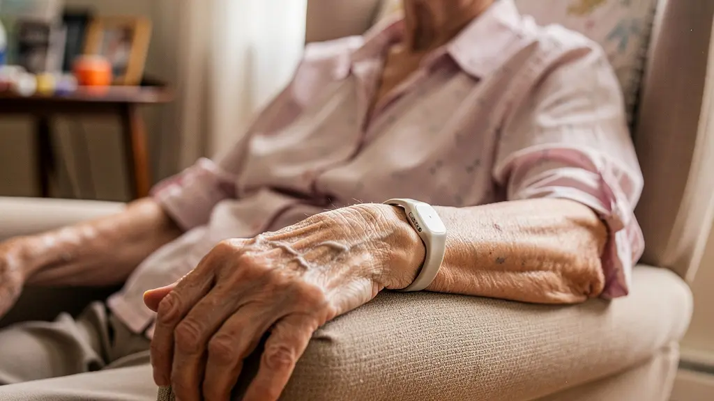 Main de résidente âgée portant un bracelet d'alerte en EHPAD