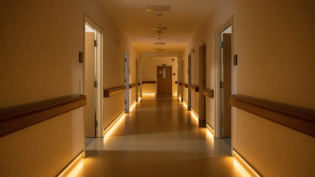 Couloir d'EHPAD avec éclairage de nuit sécurisé et veilleuses