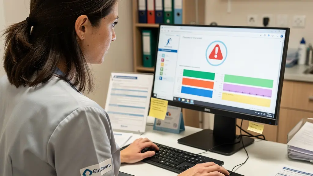 Infirmière au poste de soins consultant l'écran d'alerte téléassistance