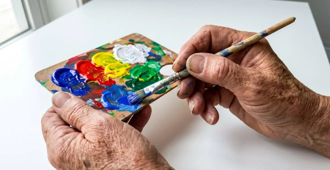 Gros plan sur des mains âgées tenant un pinceau et une palette de peinture aux couleurs vives
