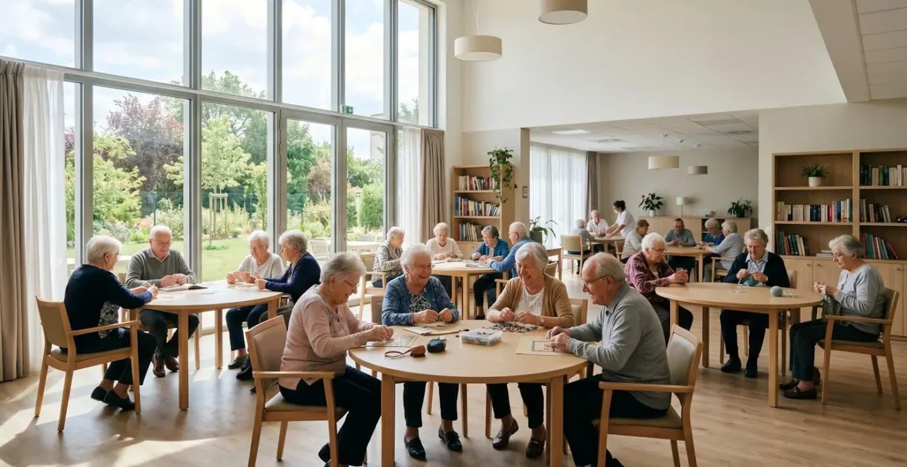 Vue grand angle d'une salle d'activités EHPAD moderne et lumineuse avec tables rondes et grande fenêtre