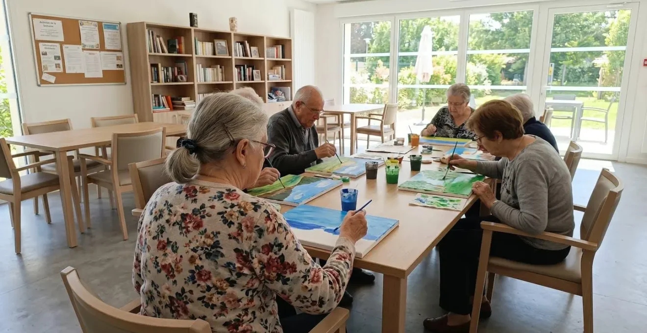 Senior vu de dos participant à un atelier de peinture collective dans une salle lumineuse d'EHPAD
