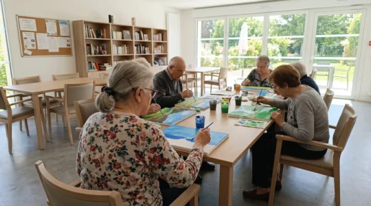 Senior vu de dos participant à un atelier de peinture collective dans une salle lumineuse d'EHPAD