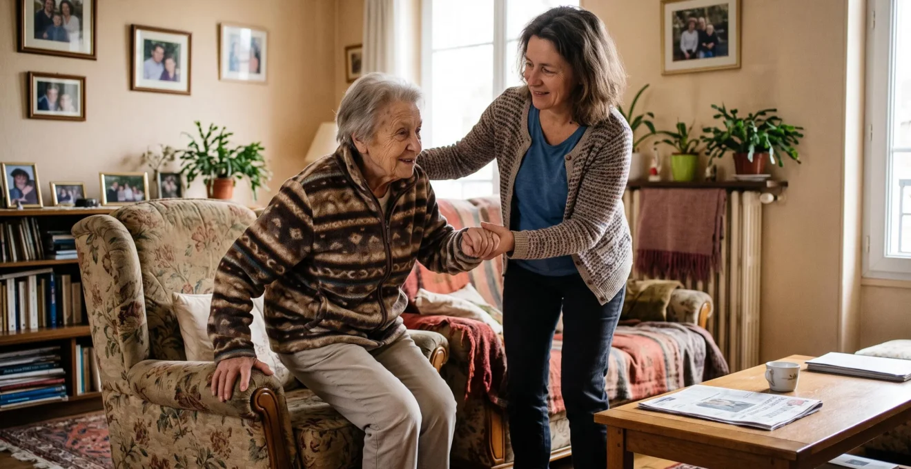 Une aidante familiale aide sa mère âgée à se lever d'un fauteuil dans un salon chaleureux, montrant un accompagnement quotidien bienveillant.