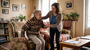 Une aidante familiale aide sa mère âgée à se lever d'un fauteuil dans un salon chaleureux, montrant un accompagnement quotidien bienveillant.