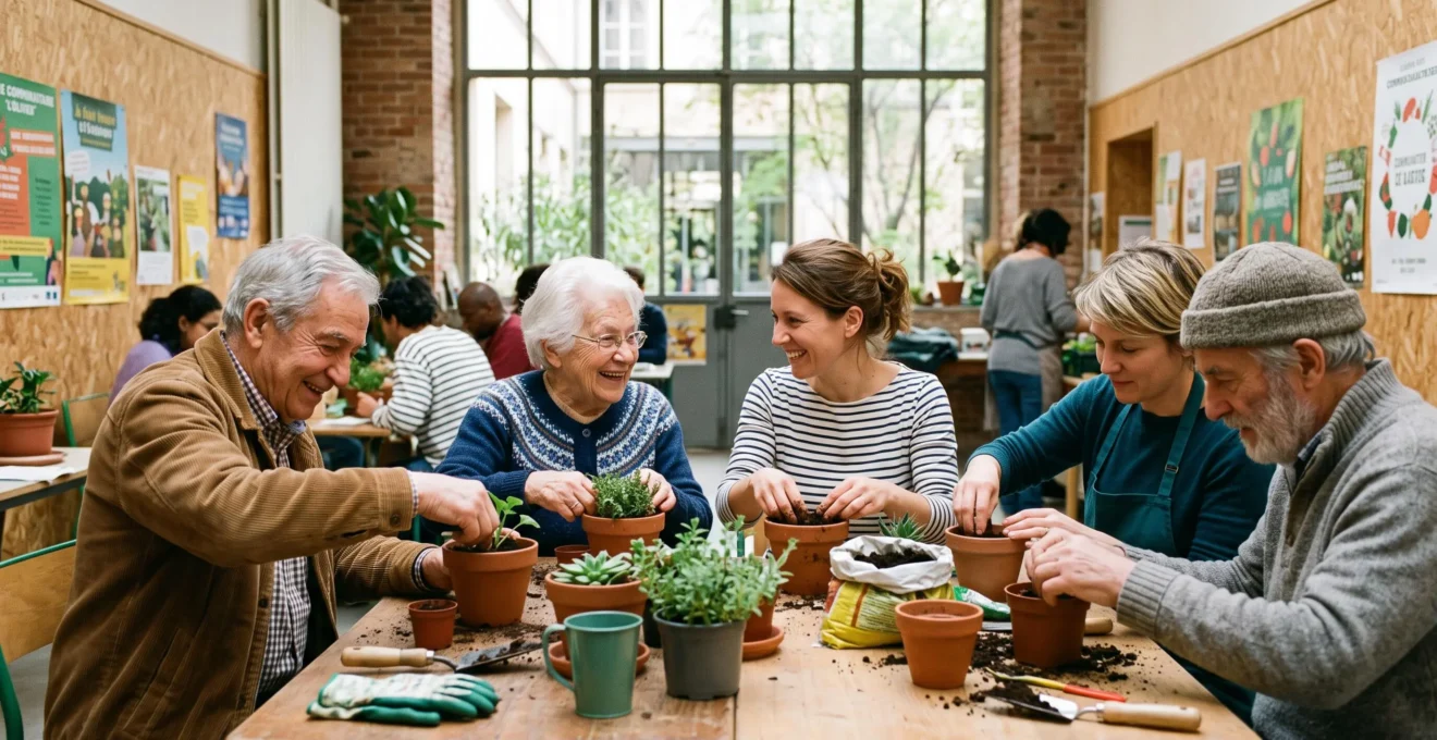 Un groupe intergénérationnel participe à un atelier créatif dans un centre communautaire lumineux, des seniors actifs et souriants échangent avec de jeunes participants.
