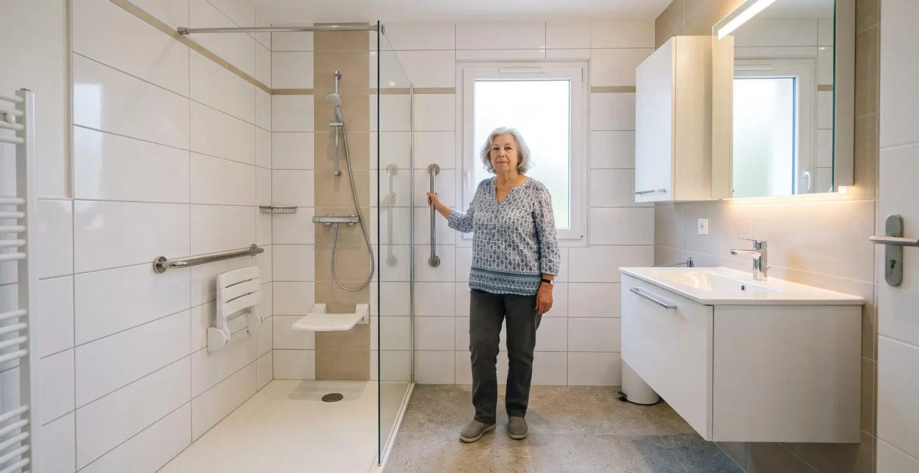 Une femme senior utilise de manière autonome une barre d'appui dans une salle de bain moderne adaptée avec équipements de sécurité intégrés.