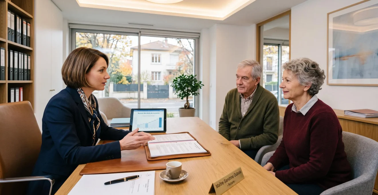 Conseiller fiscal professionnel discutant avec un couple senior dans un bureau de notaire en France.