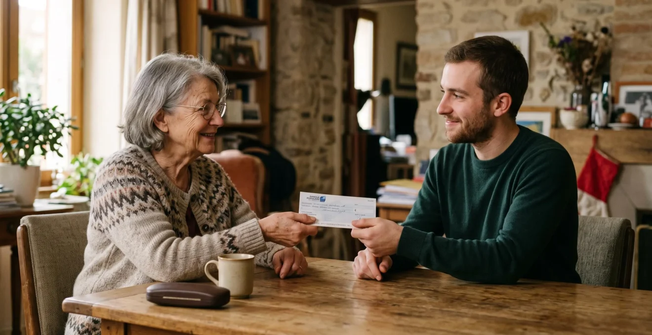 Grand-mère remettant un chèque bancaire à son petit-fils assis face à face à une table dans un intérieur résidentiel français.