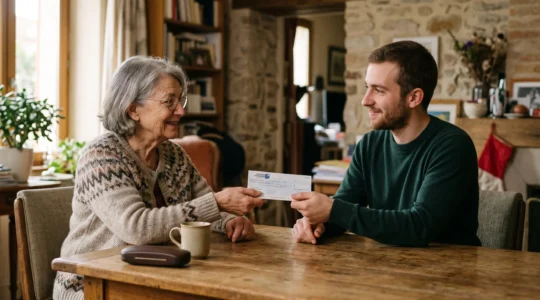Grand-mère remettant un chèque bancaire à son petit-fils assis face à face à une table dans un intérieur résidentiel français.