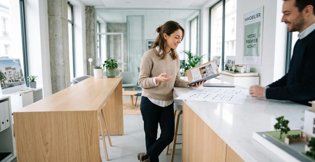 Jeune femme consultant des documents immobiliers pour un projet d'achat de première propriété dans une agence ou appartement moderne en France.