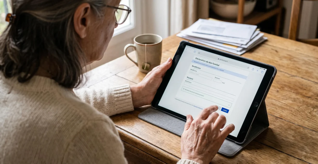 Femme senior utilisant une tablette numérique pour remplir une déclaration fiscale en ligne concernant une donation familiale.